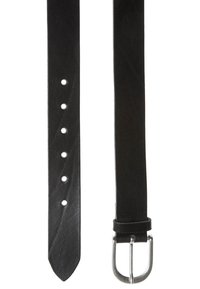 Ceinture en cuir noir avec une texture lisse, cinq trous répartis uniformément et une boucle en métal argenté au design classique.