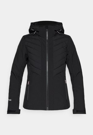 Svart vanntett jakke med en tettsittende design, hette, glidelås-lukking og quiltet tekstur. Har sidelommer og borrelås mansjetter.