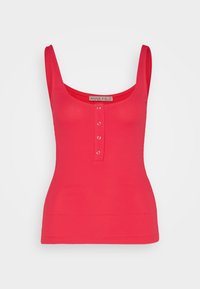 Tajt sydd utan ärm i starkt rosa ribbad tyg, med en rundad halsringning och tre knappstängningar framtill.