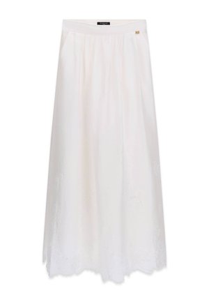 Jupe midi blanche avec ourlet festonné et subtils détails floraux brodés, dotée d'une taille cintrée et d’une petite épingle dorée avec logo.