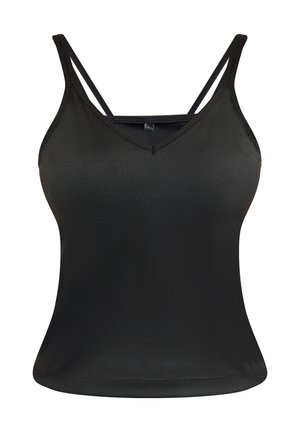 Zwarte tanktop met een fitted ontwerp, V-halslijn en dunne dubbele schouderbanden. Gemaakt van gladde, rekbare stof met een stijlvolle, naadloze uitstraling.