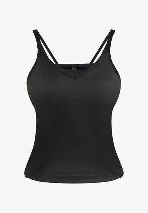 Fekete pántos felső, fitted dizájnnal, V-kivágással és vékony, dupla vállpántokkal. Simító, rugalmas anyagból készült, amely elegáns, varrat nélküli megjelenést kölcsönöz.