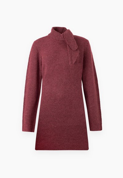 Knitted sweater in deep burgundy with a mock neck and tie detail. Features long sleeves and a straight silhouette. Soft texture and minimal design.