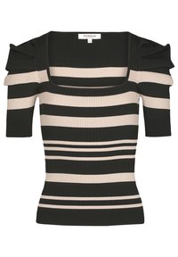 Haut côtelé rayé noir et beige avec encolure carrée, manches courtes et détails froncés sur les épaules.