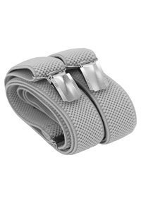 Graue elastische Hosenträger mit strukturiertem Finish, ausgestattet mit glänzenden Metallclips zur Befestigung und einem flachen, verstellbaren Design.