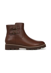 Brown leather ankle boots with a textured finish, featuring two buckle accents on the outer side and a rugged sole for traction.