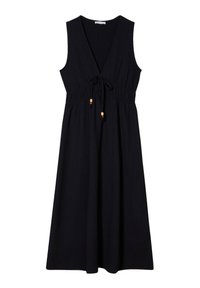 Robe noire sans manches avec un col en V, une taille nouée et des accents en perles en bois. Dispose d'une coupe décontractée et d'une jupe de longueur mi-mollet. Texture douce.