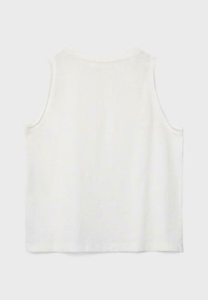 Effen witte mouwloze tanktop met een ronde hals, plat weergegeven tegen een lichtgrijze achtergrond.