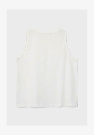 Plain white sleeveless tank top with a round neckline, displayed flat against a light gray background.
