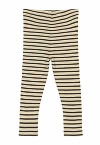 Crème-kleurige legging met horizontale bruine strepen, voorzien van een ribbeltextuur en een elastische tailleband voor een aansluitend ontwerp.