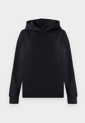 Sweat-shirt à capuche noire en mélange de coton. Présente une coupe décontractée, des manches longues et un petit logo au centre. Texture douce.