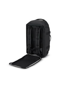 Zaino nero realizzato in materiale resistente, dotato di spallacci regolabili, maniglia superiore e un compartimento aperto con fodera in rete.