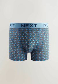 Blaue Herrenboxershorts mit einem Allover-Muster aus stilisierten Vögeln in Orange und Blau, ausgestattet mit einem hellblauen Bund, auf dem "NEXT" in Dunkelblau gedruckt ist.