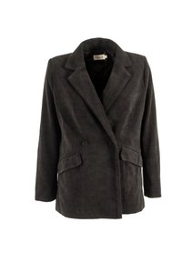 Blazer doppiopetto in corduroy grigio scuro con rever a uncino, due tasche a soffietto frontali e maniche lunghe, taglia small.