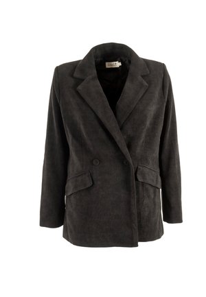 Blazer doppiopetto in corduroy grigio scuro con rever a uncino, due tasche a soffietto frontali e maniche lunghe, taglia small.