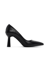Décolleté nera in pelle con tacco alto, punta affusolata, texture liscia e un distintivo design del tacco a campana. Stile minimalista, senza accenti aggiuntivi.