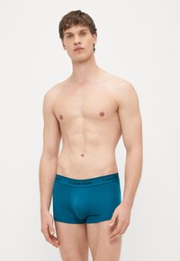 Tirkīzzils kokvilnas bokserbikses ar melnu jostu, uz kuras ir uzraksts „Calvin Klein”, tām ir ciešs pieguļošs un gluds audums. Modelis attēlā bez krekla.