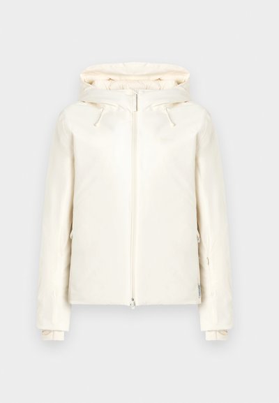 Fehér vízálló dzseki cipzáras elejjel, állítható kapucnival és rugalmas mandzsettákkal. Simaságú anyag, minimalista kivitel minták nélkül.