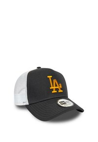 Black and gray baseball cap with a yellow embroidered "LA" logo, mesh back, curved visor, and adjustable snap closure.