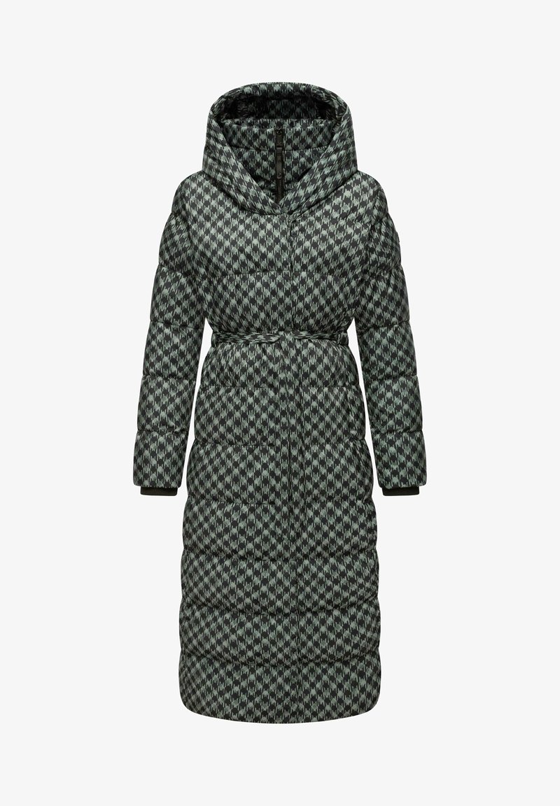 Tumšzaļš pūkains mētelis ar ģeometrisku rakstu, pārspīlēti liela kapuce, piegriests jostas vidus, elastīgi piedurknes un ar rāvējslēdzēju aizverams priekšpuses.