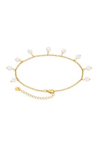 Pulsera de cadena de oro con perlas blancas distribuidas uniformemente a lo largo. Incluye un cierre de langosta y una cadena de extensión ajustable.