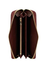 Portafoglio marrone in pelle con cerniera che si apre per mostrare molteplici fessure per carte e un vano centrale per monete con cerniera e cursore in metallo dorato.