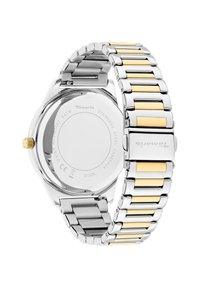 Edelstahl-Armbanduhr mit einem zweifarbigen Armband, das goldene und silberne Glieder enthält; runder Gehäuse mit einer goldenen Krone und transparentem Boden.