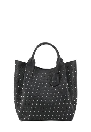 Schwarze Leder-Tote mit silbernen Nieten, zwei Griffen und einer kleinen angebundenen Tasche. Strukturiert Oberfläche mit einer klaren Form.