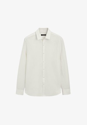 Chemise blanche à manches longues avec fermeture boutonnée et col classique, présentée sur un fond blanc uni.
