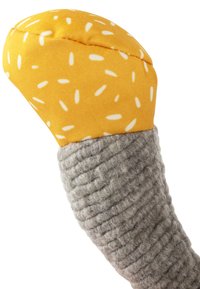 Soft chew toy shaped like an ice cream cone with a yellow, sesame seed-patterned top and a textured gray, ribbed cone.