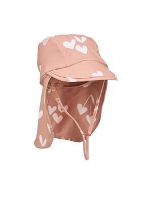 Pehmeast kangast roosa müts, millel on valged südamemustrid, esikald, kaelaosa ja reguleeritavate rihmadega turvaliseks kandmiseks.