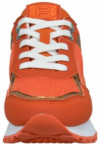 Orange athletic shoe with a mesh upper, metallic accents, white laces, and a rounded toe. Features a textured sole and padded collar.