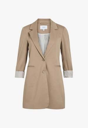 Tan blazer met een enkele knoopsluiting, twee zijzakken en gestreepte manchetten. Zachte stof en een getailleerd ontwerp creëren een moderne silhouet.