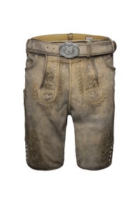 Tradycyjne brązowe skórzane lederhosen z ozdobnym haftem, detalami z guzikami i paskiem z klamrą w kształcie rogu.