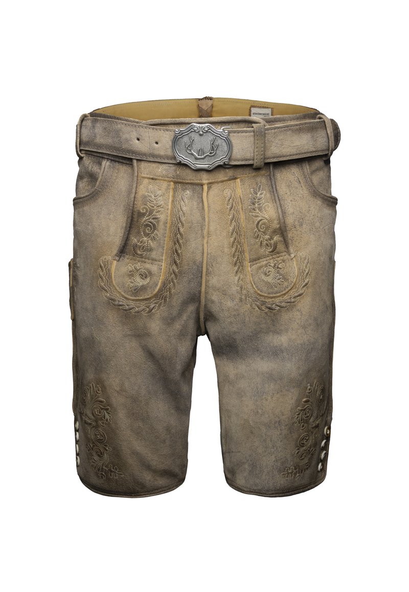 Tradycyjne brązowe skórzane lederhosen z ozdobnym haftem, detalami z guzikami i paskiem z klamrą w kształcie rogu.