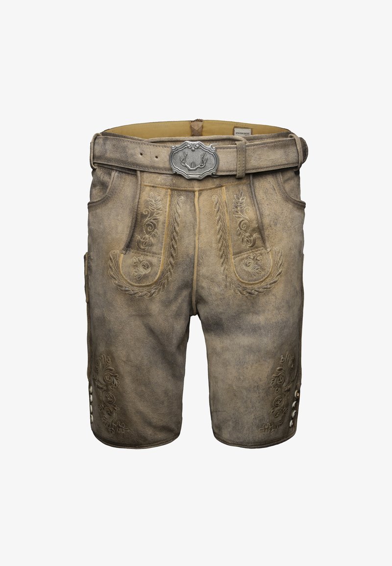 Pantalones lederhosen de cuero marrón tradicionales con bordados decorativos, detalles de botones y un cinturón con una hebilla temática de asta.