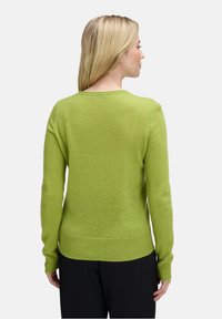 Jasnozielony sweter z okrągłym dekoltem, długimi rękawami oraz ściągaczami przy mankietach i u dołu. Miękka tekstura, lekki, lekko luźny krój.