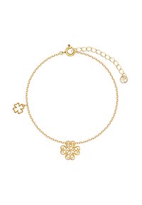Złocony bransoletka z delikatnym łańcuszkiem, z centralnym skomplikowanym motywem kwiatowym i małym akcentującym zawieszką. Regulowane zapięcie dla odpowiedniego rozmiaru.