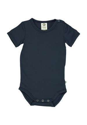 Body neonato di un profondo colore blu navy, realizzato in cotone morbido, con maniche corte, scollatura rotonda e chiusure a scatto sulle spalle e sul fondo.