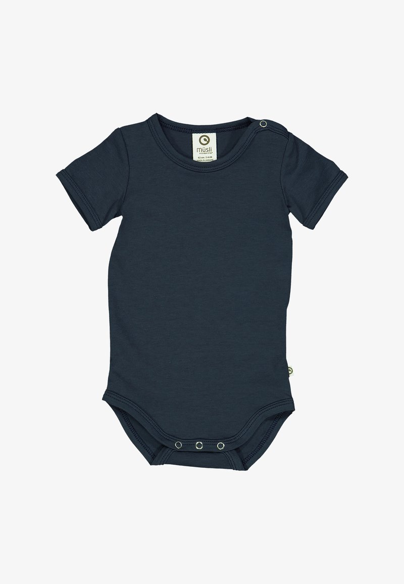 Body neonato di un profondo colore blu navy, realizzato in cotone morbido, con maniche corte, scollatura rotonda e chiusure a scatto sulle spalle e sul fondo.