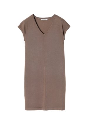 Braun ärmelloses Kleid mit V-Ausschnitt, aus weichem Stoff gefertigt, mit geradem Schnitt und vertikalen Nähten an der Vorderseite.