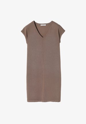 Braun ärmelloses Kleid mit V-Ausschnitt, aus weichem Stoff gefertigt, mit geradem Schnitt und vertikalen Nähten an der Vorderseite.