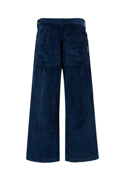 Marine corduroy wijde broek met een textuurafwerking, voorzien van twee achterzakken en een platte tailleband. Verticale ribbelpatroon over de gehele broek.