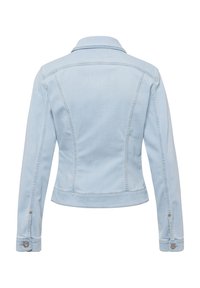Veste en jean bleu clair vue de dos avec manches longues, poignets boutonnés et détails de coutures.