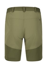 Khaki shorts dengan pinggang elastis, desain dua warna dengan panel bawah yang lebih gelap, dan kain yang halus serta ringan.