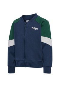 Marinblå helst särk med gröna och grå detaljer. Har en ribbad krage och cuffs, mjukt tyg och "hummel"-logotyp på bröstet.