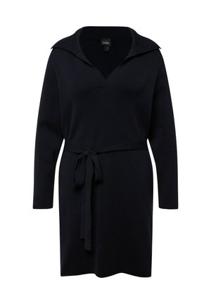 Navy blue knitted dress with a deep V-neck, long sleeves, and a tied waist belt. Features a structured collar and a smooth texture.