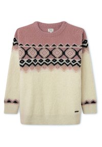 Maglione morbido e peloso con una sezione superiore rosa, una sezione inferiore crema e un motivo geometrico a diamante nero sul petto e sulle maniche.
