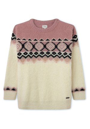 Pull en tricot doux et flou avec une partie supérieure rose, une partie inférieure crème et un motif géométrique de losanges noirs sur la poitrine et les manches.