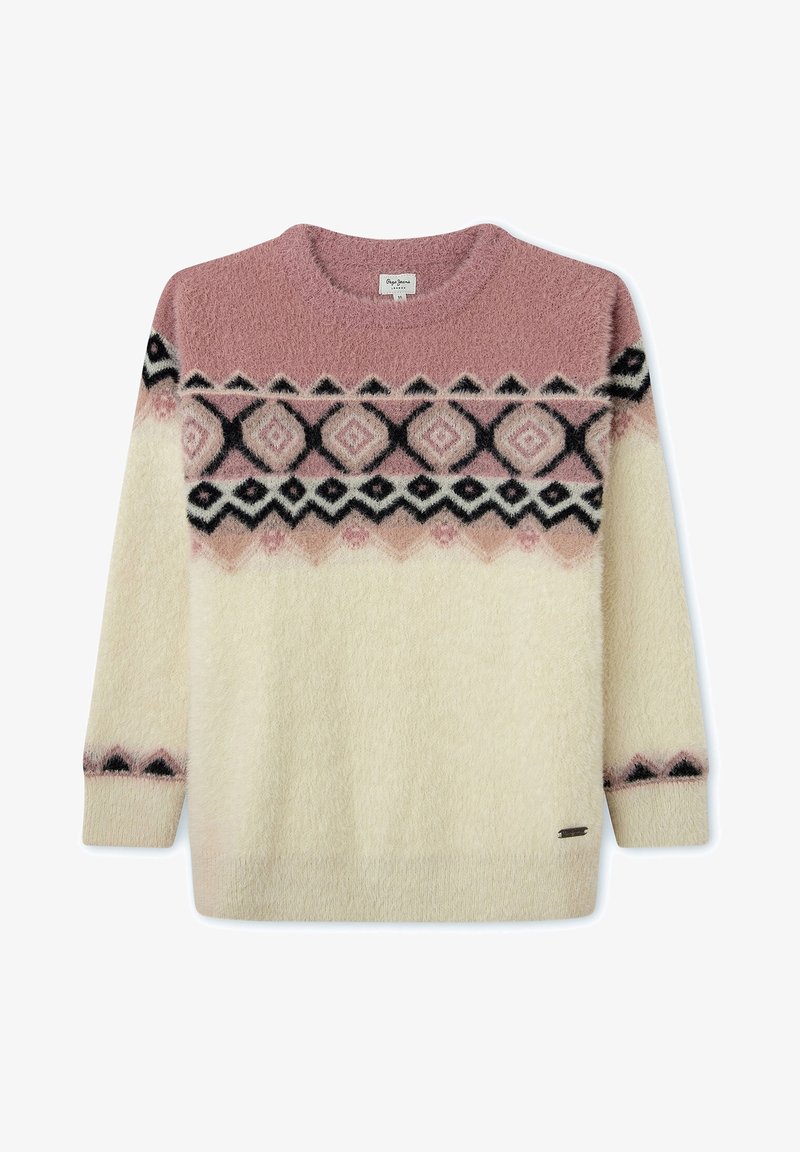 Maglione morbido e peloso con una sezione superiore rosa, una sezione inferiore crema e un motivo geometrico a diamante nero sul petto e sulle maniche.